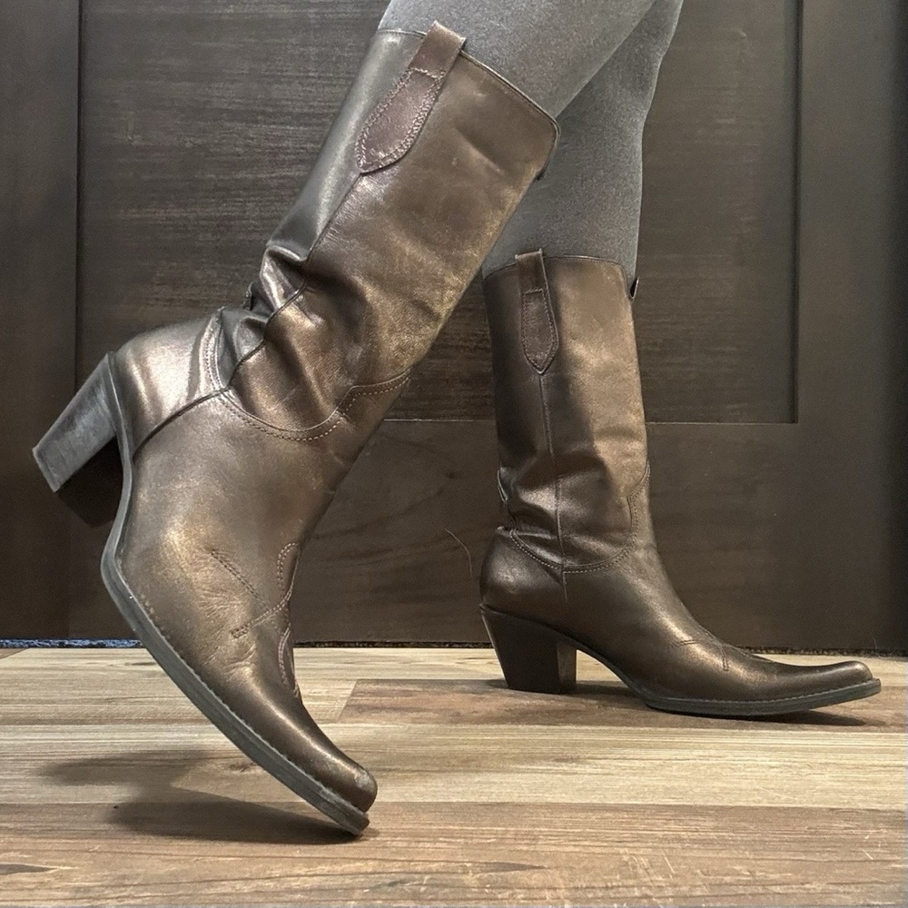 Franco Sarto Western Boots Metallic Bronze Leather Mid-Calf Cowboy Sz 8M - Picture 13 of 13